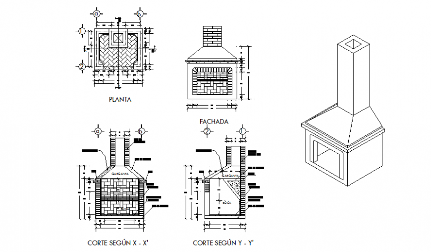Chimney of kitchen elevation, section and plan details dwg file