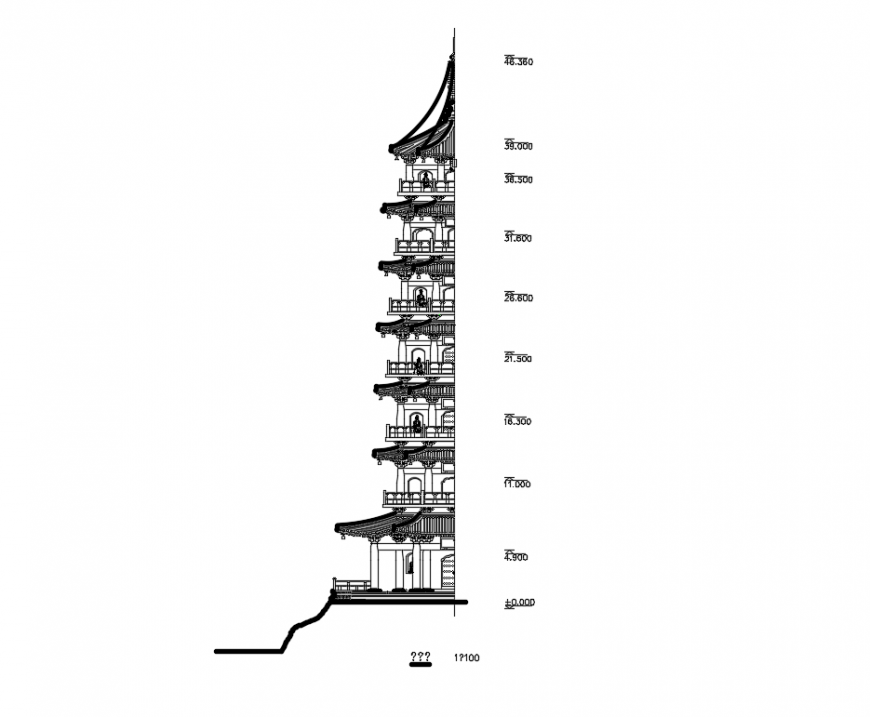 China ancient tower front cut elevation cad drawings details dwg file