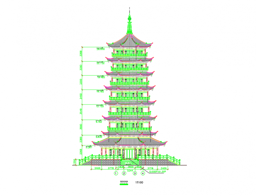 China great pagoda high rise building front elevation cad drawings details dwg file