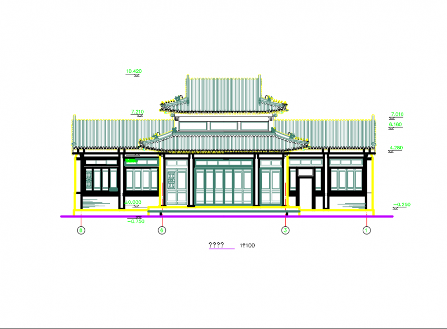 China temple court front elevation cad drawing details dwg file