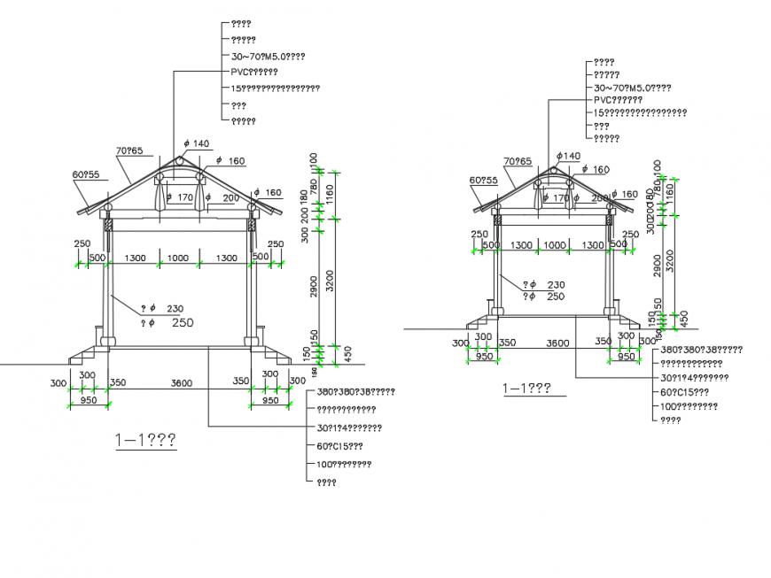 China wooden pavilion front and back sectional details dwg file