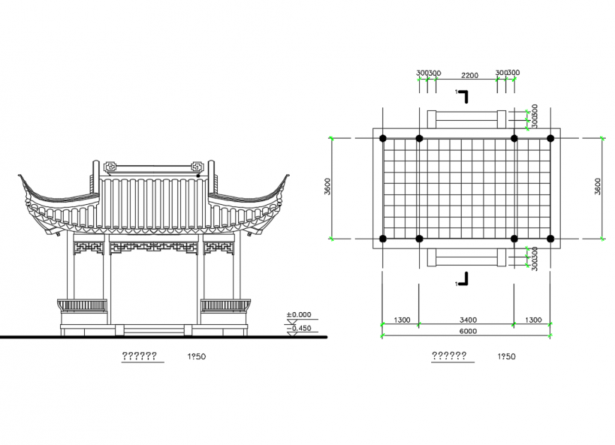 Chinese ancient pavilion elevation and plan cad drawing details dwg file