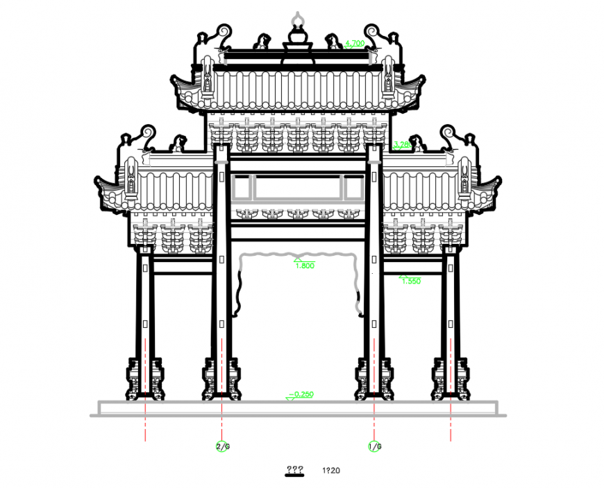 Chinese Arches Temple Front Elevation CAD DWG File