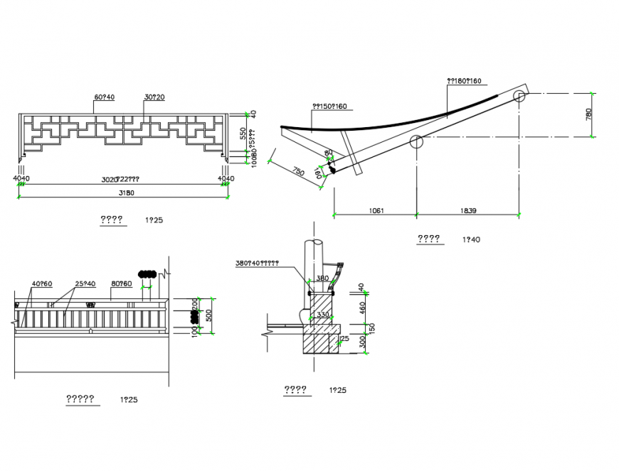 Chinese archway temple wall section and constructive details dwg file