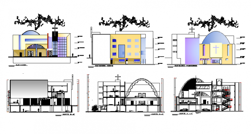Christian community church all sided elevation and sectional details dwg file