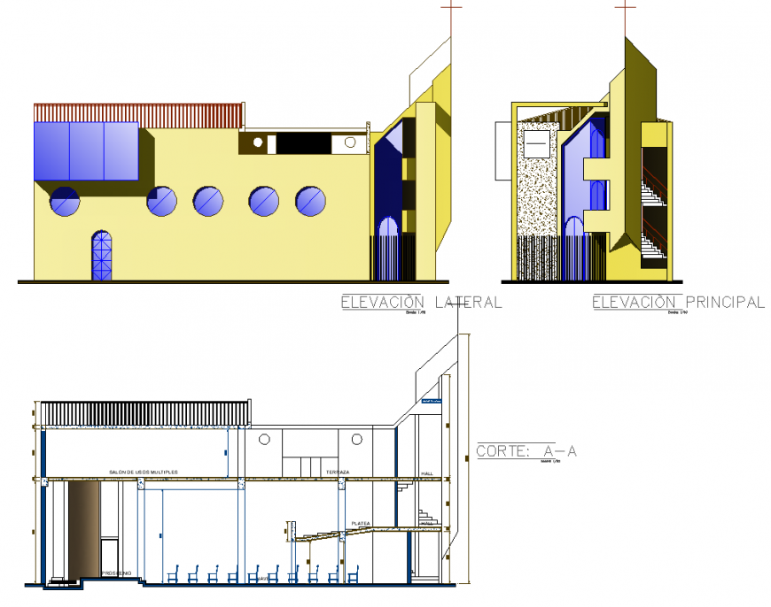 Church building 2d view layout elevation and section dwg file