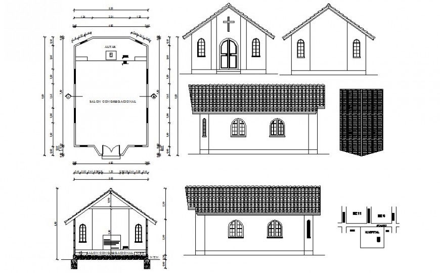 Church building details elevation and plan dwg file
