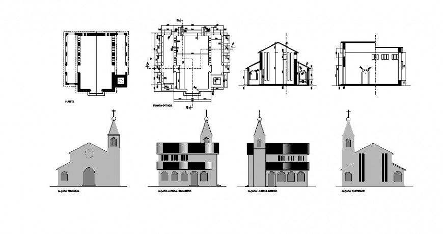 Church building elevation plan and section 2d view autocad file