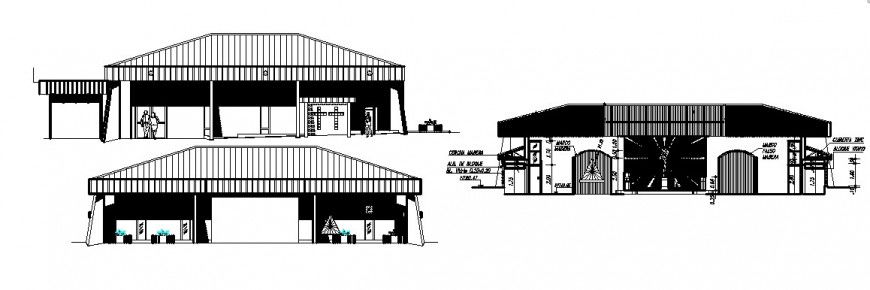Church building front and back elevation and section cad drawing details dwg file