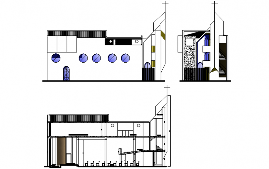 Church main and side elevation and main section drawing details dwg file