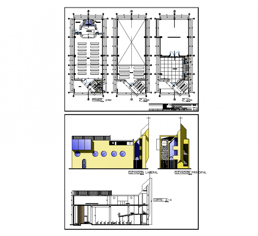 Church plan elevation and section view dwg file