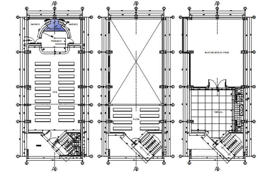 Church three floor distribution plan cad drawing details dwg file