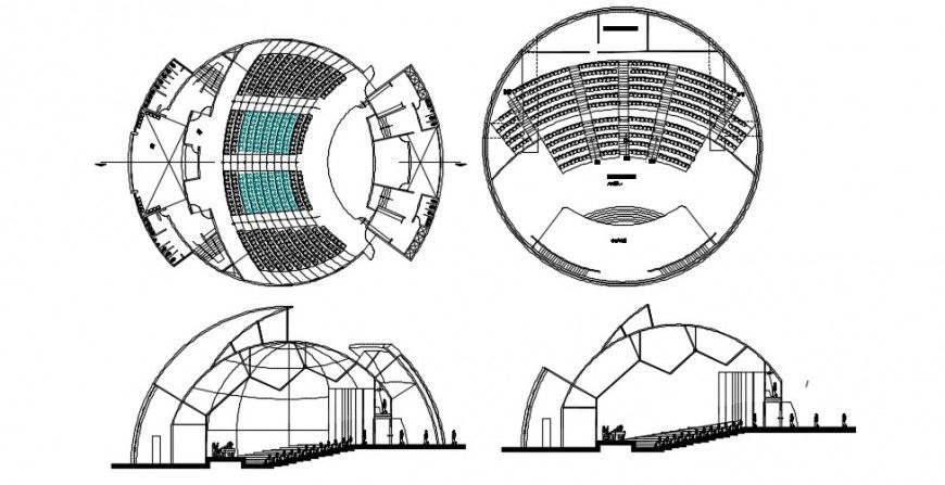 Circular exterior auditorium elevation of buiding dwg file
