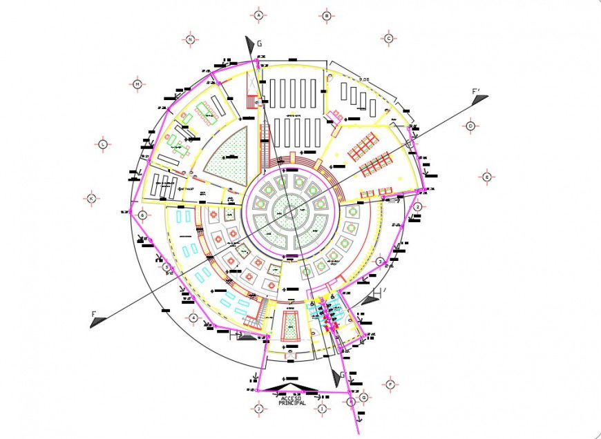 Circular floor plan drawing details of school with library dwg file