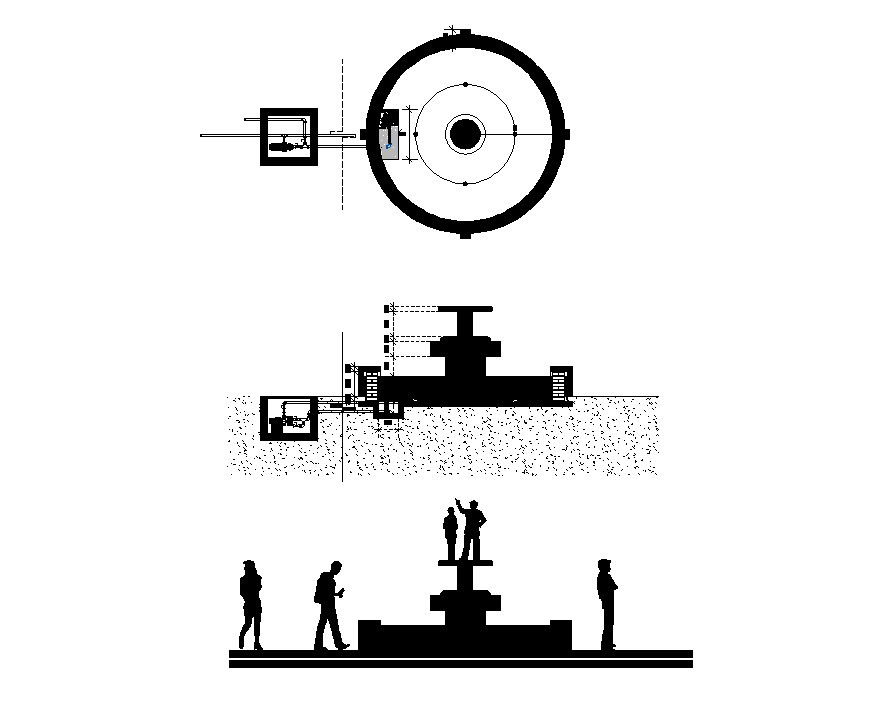 Circular fountain elevation and plan layout file in dwg format