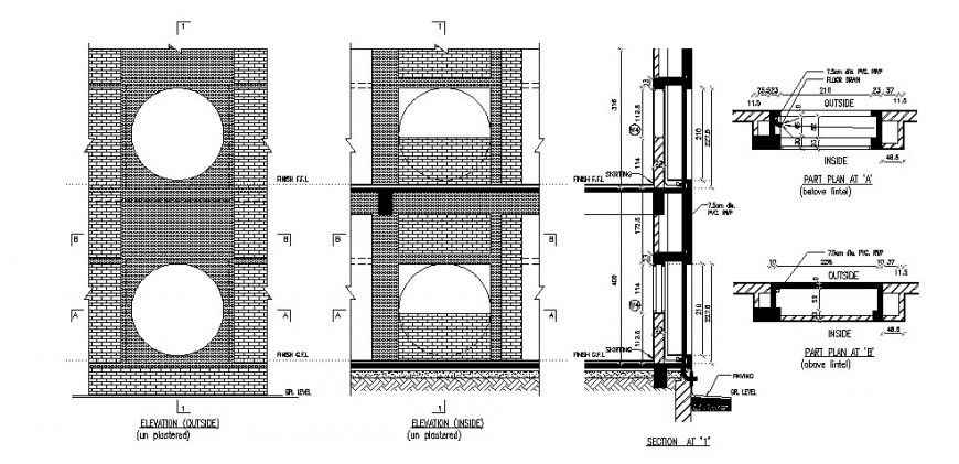 Circular gap details in brick wall with plaster cad drawing details dwg file