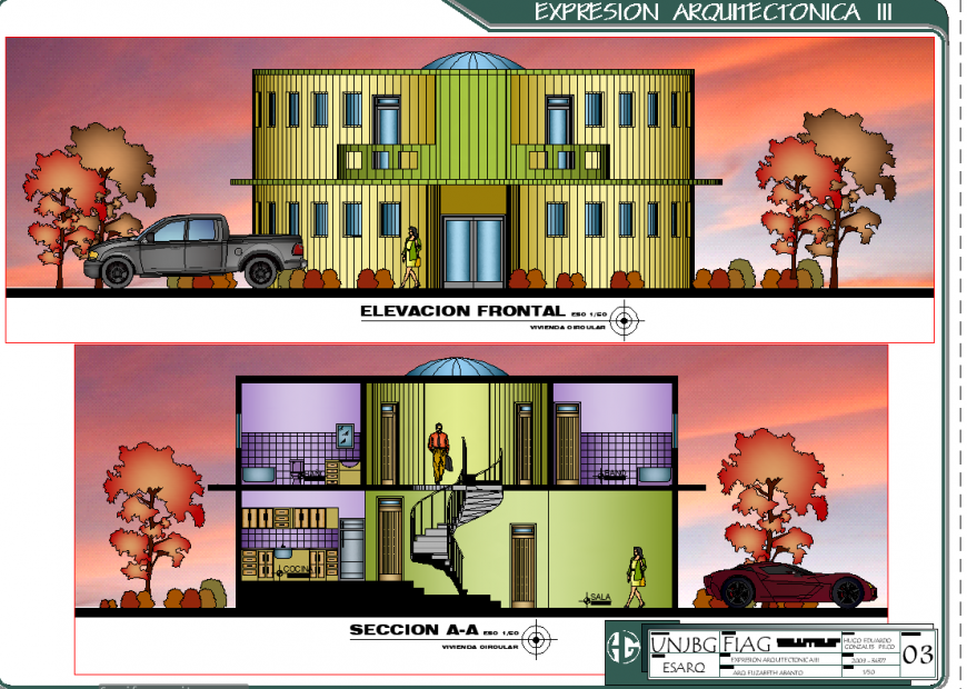 Circular housing elevation and section autocad file