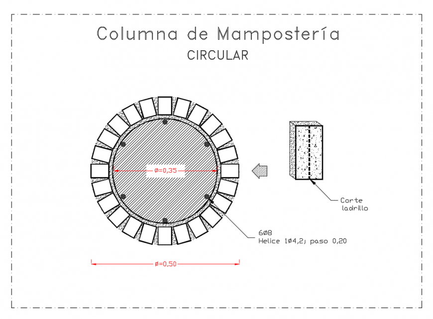 Circular masonry column structure cad drawing details dwg file