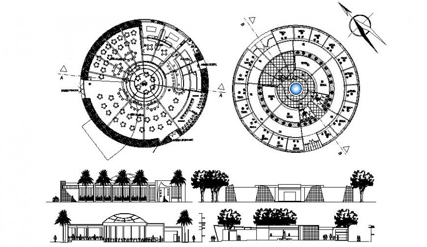 Circular restaurant building details work plan and elevation autocad file