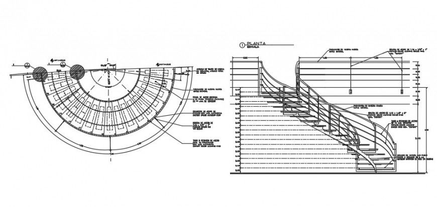 Circular stairways section and constructive structure details dwg file