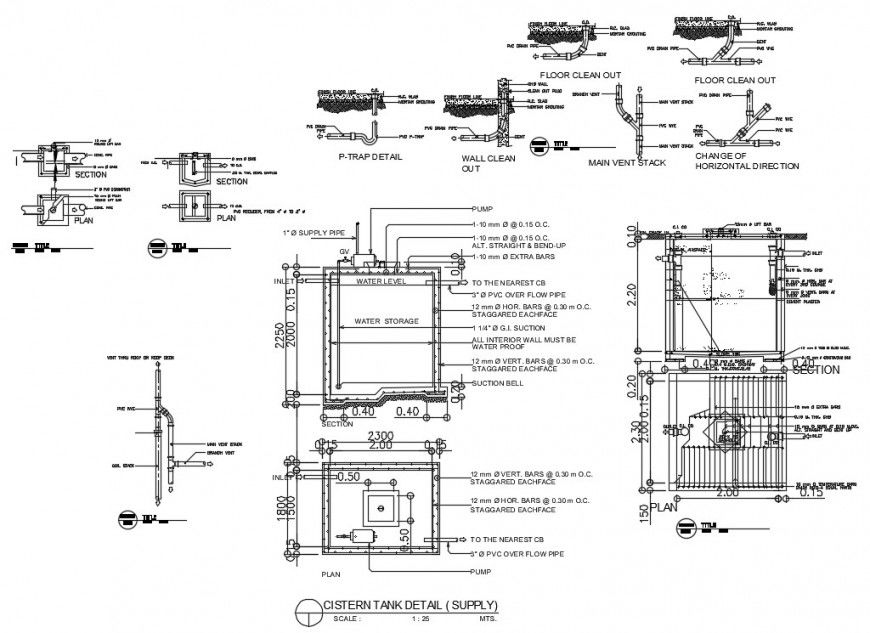 AutoCAD Cistern Tank Layout Showing Pump, Vent Stack, and Suction Pipe
