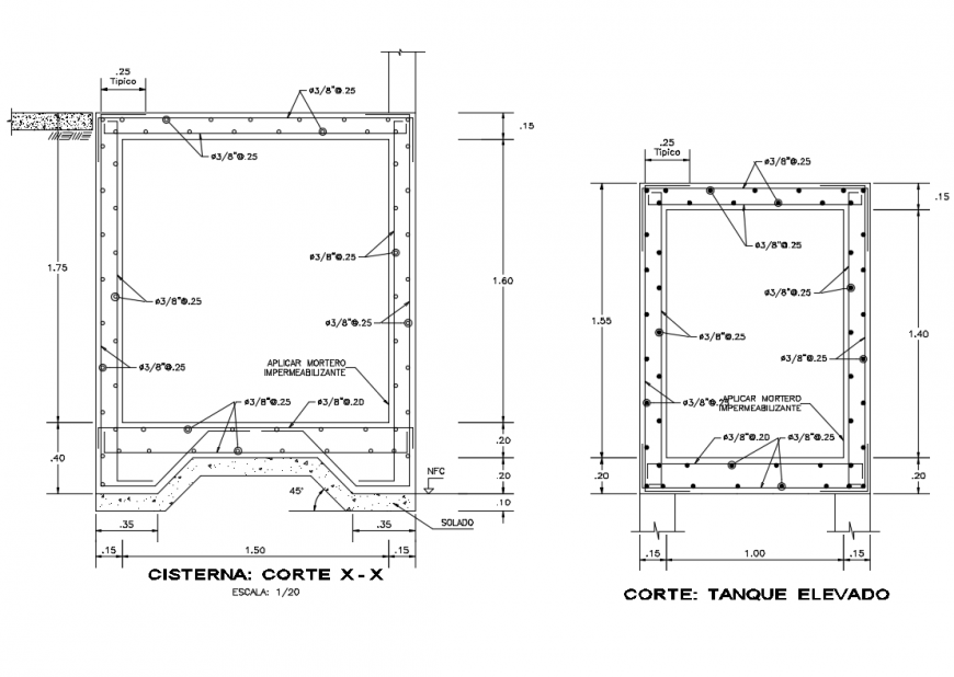 Cistern water tank section and constructive structure details dwg file