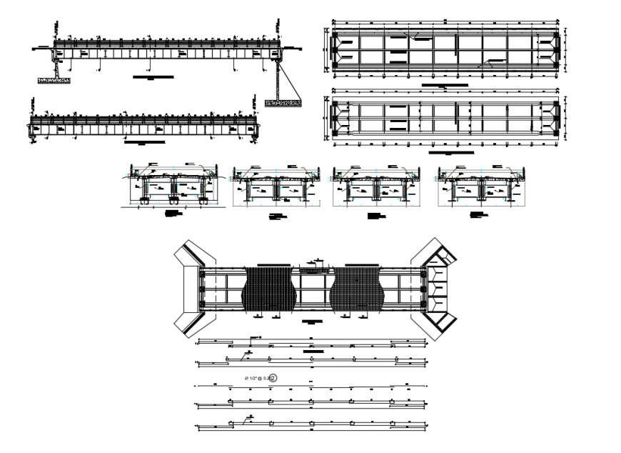 City bridge elevation, section, constructive structure and auto cad details dwg file