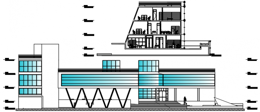 City cultural hall main elevation and section cad drawing details dwg file