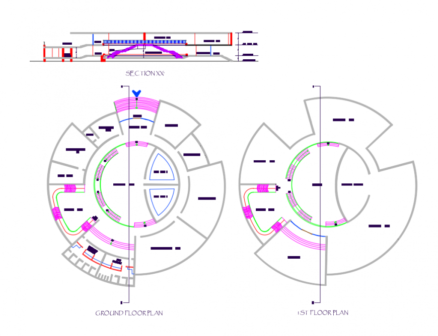 City museum front section with ground and first floor plan layout details dwg file