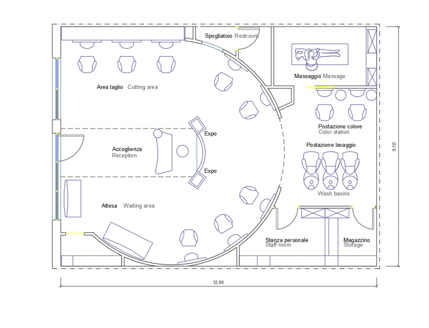 City salon store with massage center top layout plan cad drawing details dwg file