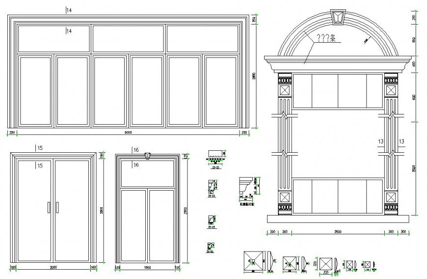 Classic door and multiple window elevation blocks cad drawing details dwg file