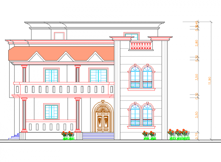Classic residential villa back elevation drawing details dwg file