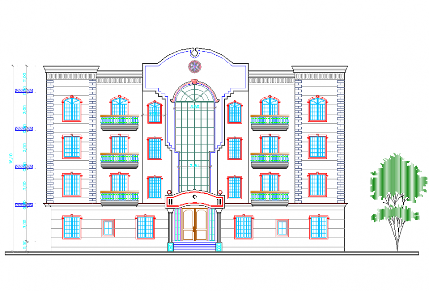 Classic residential villa front elevation drawing details dwg file