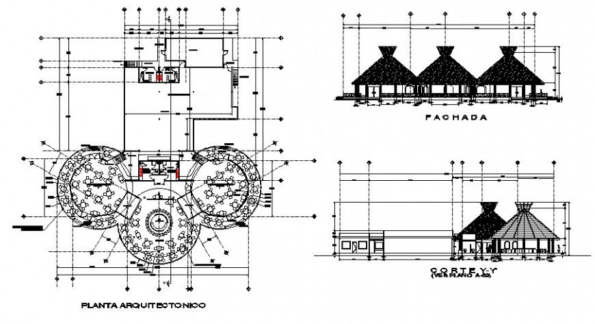 Classic restaurant main elevation, section and distribution plan cad drawing details dwg file