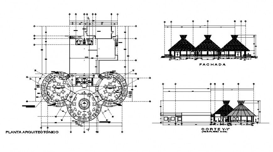 Classic restaurant main elevation, section and floor plan distribution cad drawing details dwg file
