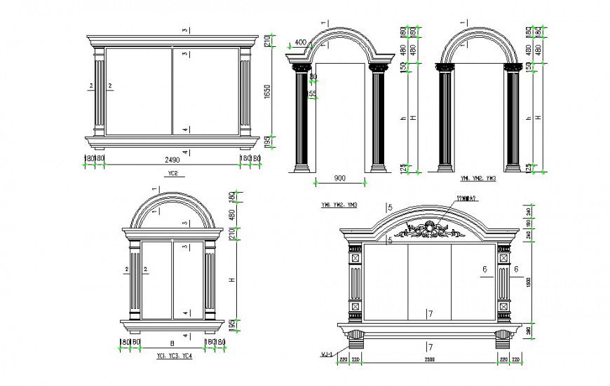 Classic single and double window elevation blocks drawing details dwg file