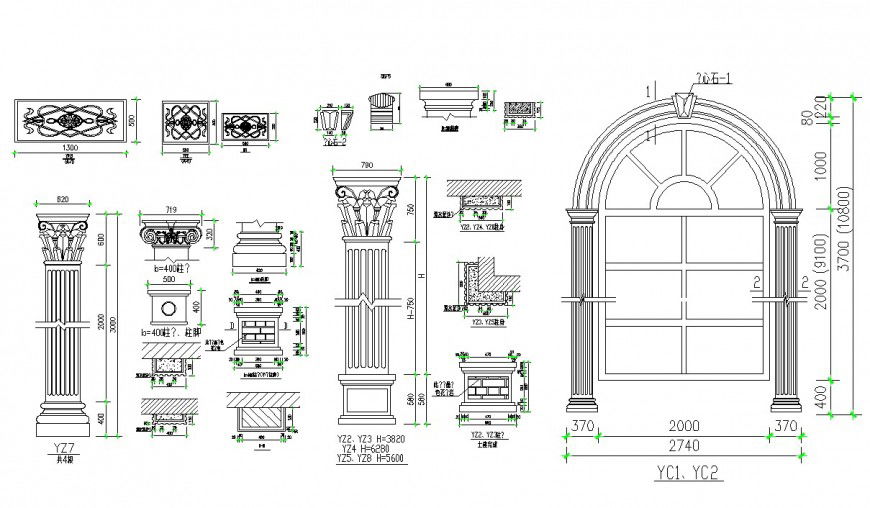 Classic single and double windows, column and interior blocks drawing details dwg file