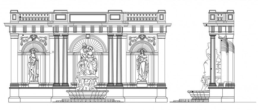 Classic temple front elevation with wall and sculpture dwg file
