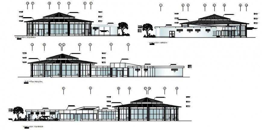 Classic theme restaurant all sided elevations cad drawing details dwg file