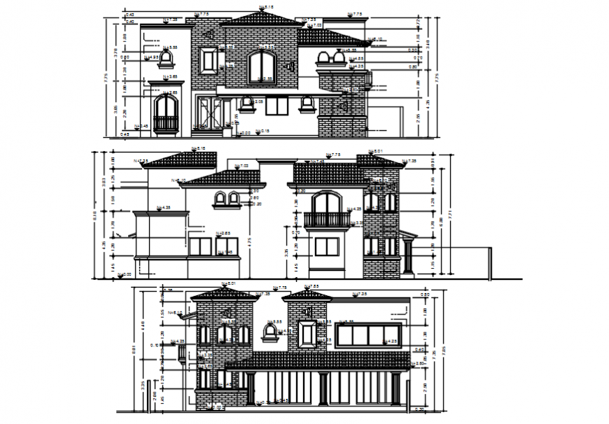 Classic two level house all sided elevation cad drawing details dwg file