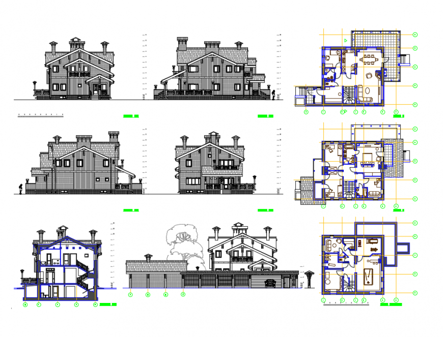 Classic villa all sided elevations and plan cad drawing details dwg file