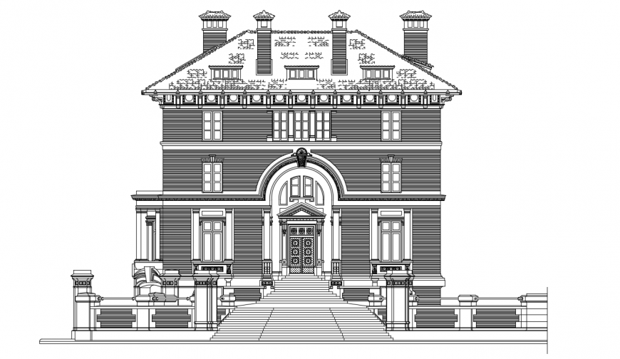Classic villa frontal elevation cad drawing details dwg file