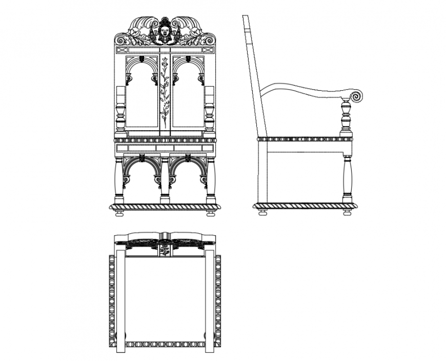 Classical armchair all side elevation cad block details dwg file