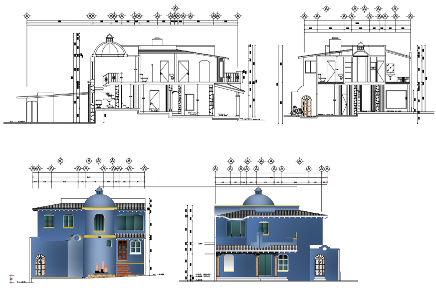 Classical club house main and back elevation and section cad drawing details dwg file