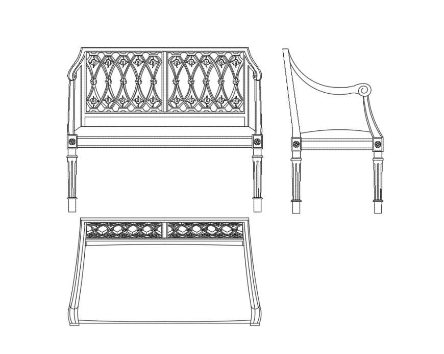 Classical garden bench elevations cad block details dwg file