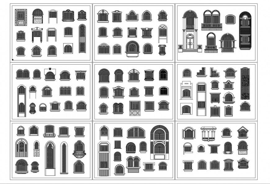 Classical multiple windows elevation blocks cad drawing details dwg file