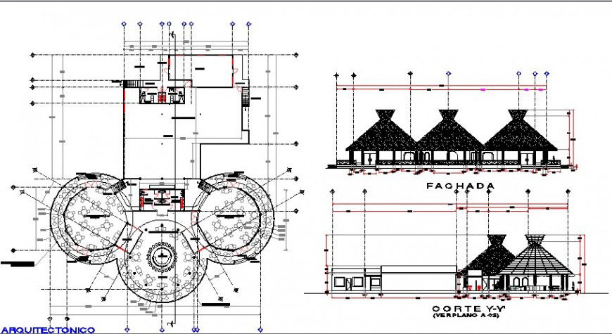 Classical restaurant elevation, section and plan details dwg file