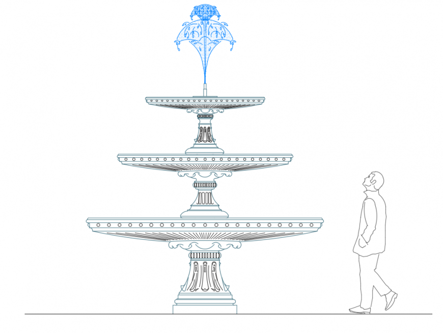 Classical three layer water fountain front elevation cad drawing details dwg file