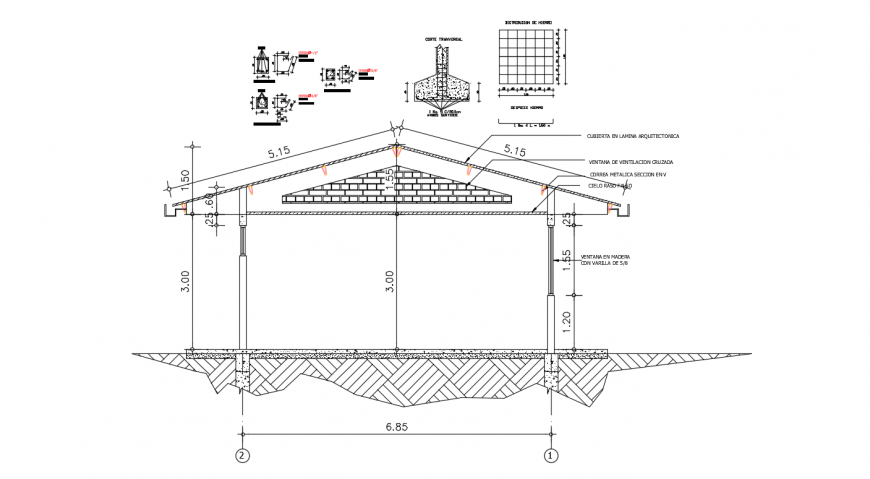 Classroom constructive section and construction details dwg file