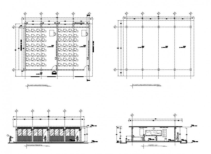 Classroom elevation, section and layout plan drawing details dwg file